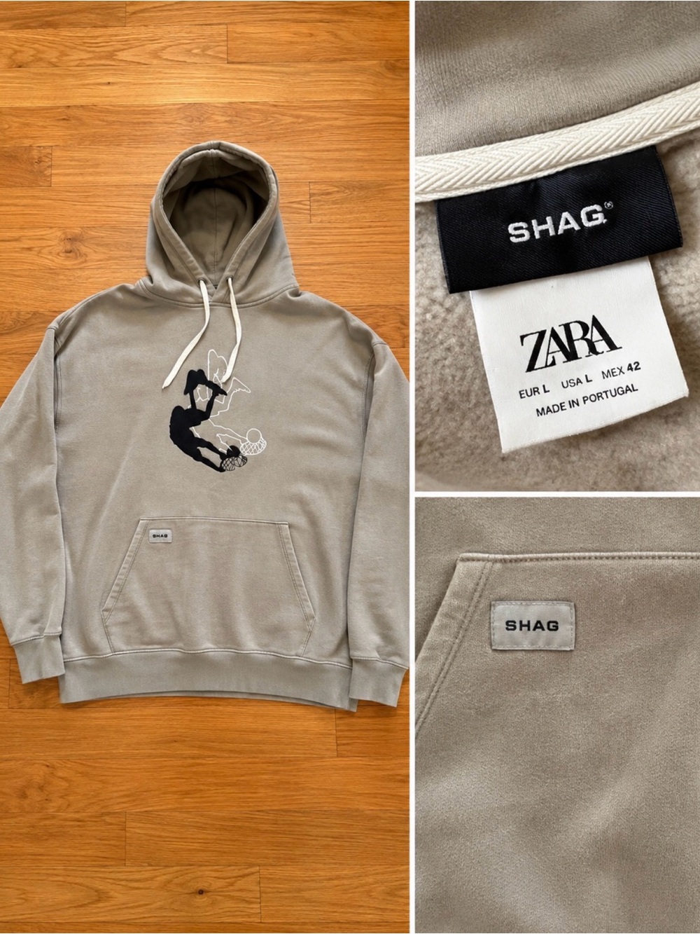 Zara SHAG Taupe Graphic Hoodie with Black Print